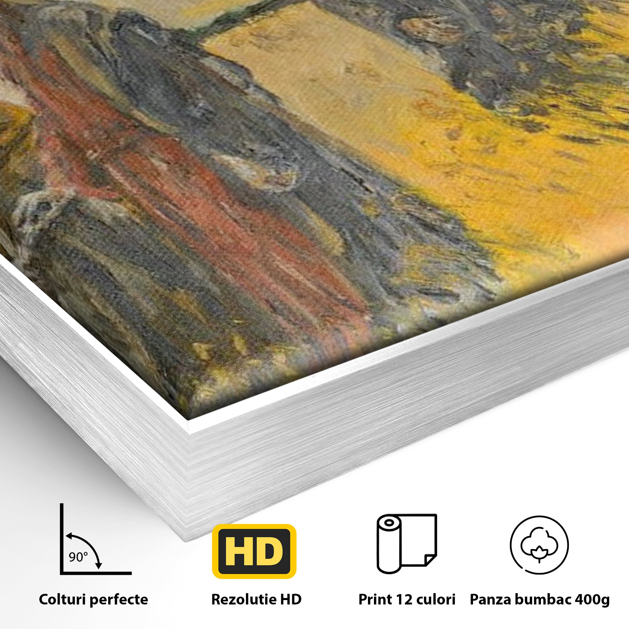 Detaliu al suprafetei: tablou canvas cu isus si apostolii pe drum, in rama de aluminiu argintiu